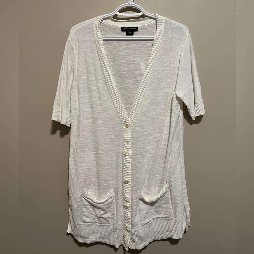 Eddie Bauer Cream Short-Sleeve Button Front Cardigan